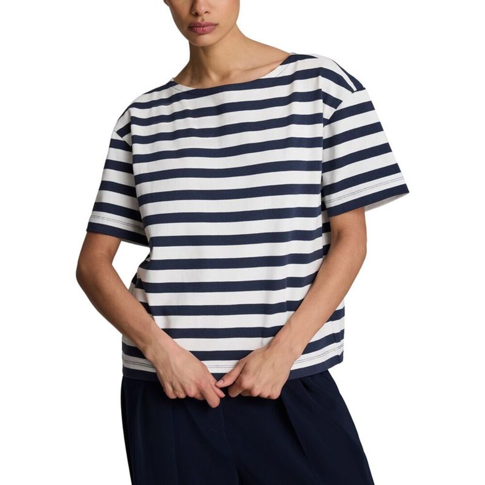 Kenneth Cole Womens  Boat Neck Boyfriend Stripe T-Shirt